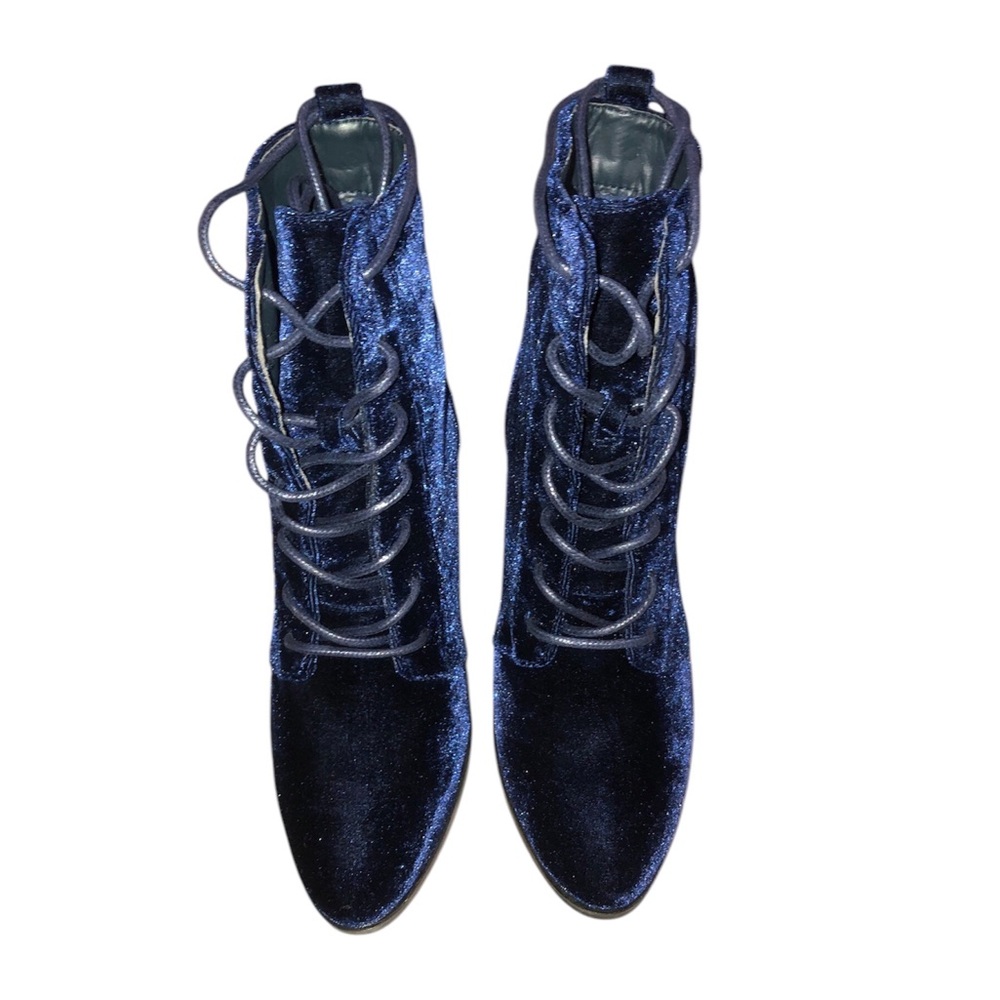SHOEDAZZLE velvet blue lace up chunky heel boots